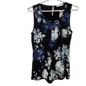 Ricki's Blue Floral Lightweight Round Neck Sleeveless Business Career Blouse Top